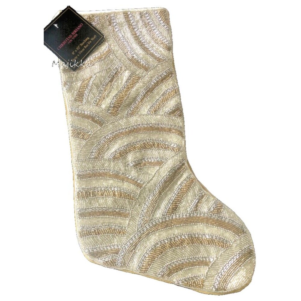 Christian Siriano Christmas Stocking 22" Beaded Gold Silver White Front Accents